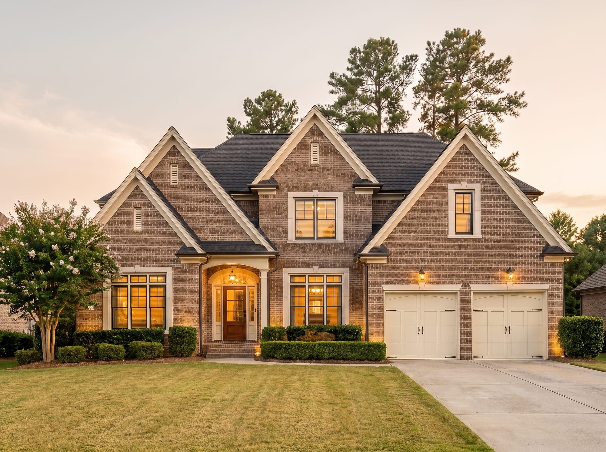 A brick house at twilight, windows lit from within