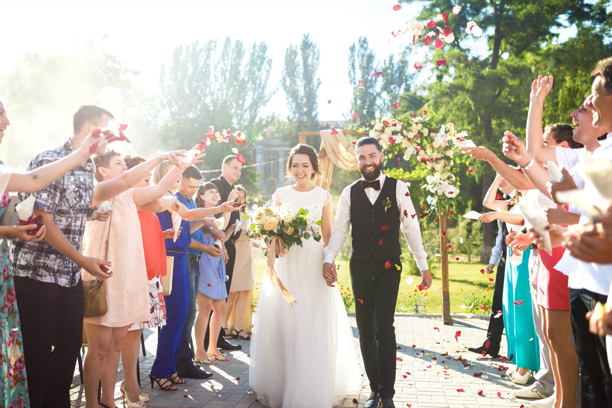 Newlyweds walking together after the ceremony