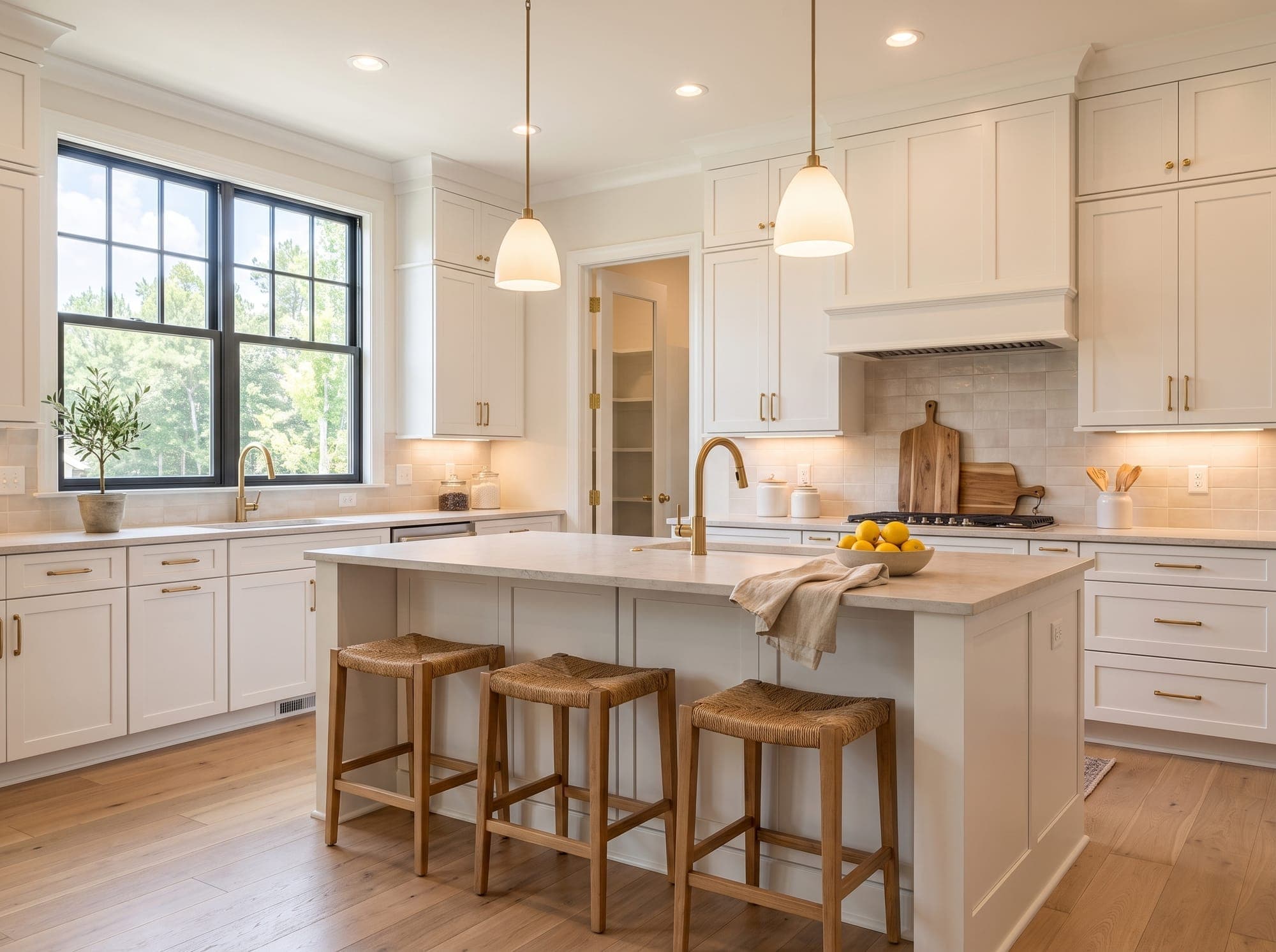 A kitchen island beneath pendant lights, morning light through the window